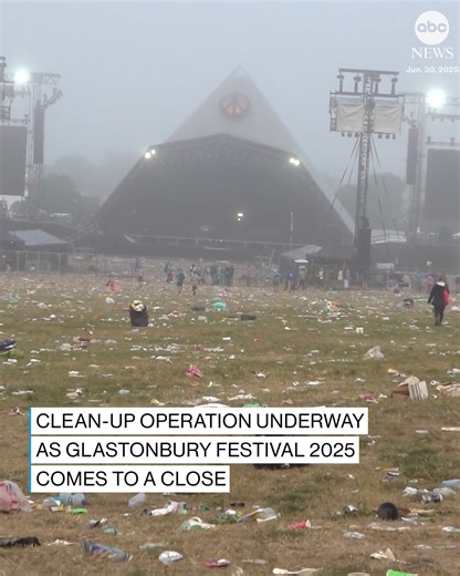 A team of roughly 2,500 volunteer litter pickers got to work as the major clean-up operation began at Glastonbury Festival to return the site from a pop-up city of 200,000 music fans to a Somerset dairy farm. Glastonbury will not return in 2026, as the festival enters a fallow year to give the ground time to recover before the next event takes place in 2027. https://abcnews.link/ntpOiE4?utm_source=facebook&utm_medium=social&utm_campaign=dhfacebook&utm_content=app.dashsocial.com/abcnews/library/m