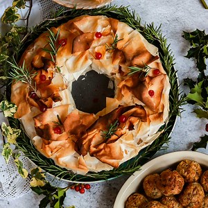 Chestnut, Mushroom & Squash Christmas Filo Wreath Pie
