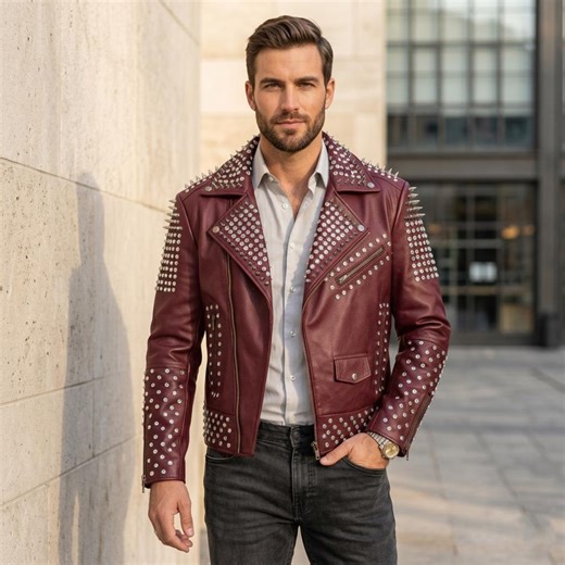 Men's Burgundy Spiked Leather Jacket With Stones - Silver Stone Biker Moto Coat - Punk Style Stone Rockstar Outerwear - Unique Stone Fashion - Etsy