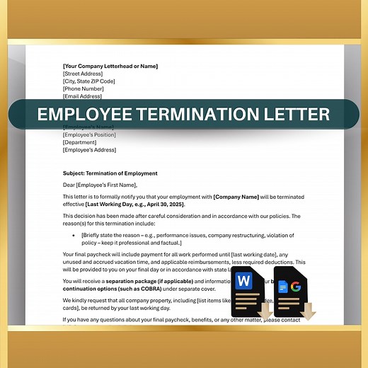Employee Termination Letter Template: Business HR Dismissal Form (editable Word, Google Docs) - Etsy