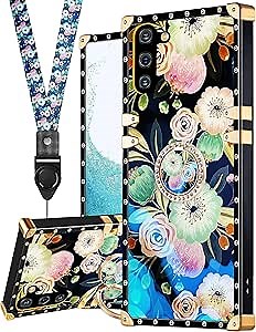 Loheckle for Samsung Galaxy Note 10 Case for Women, Designer Cases for Galaxy Note 10 Case with Ring Stand Holder and Lanyard, Stylish Flowers Luxury Cover for Samsung Note 10 6.3''