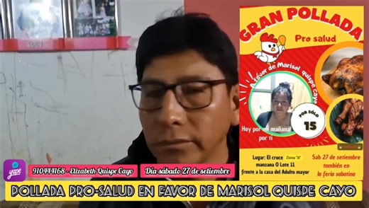 ((🔴)) #𝗟𝗔𝗝𝗢𝗬𝗔 // 𝗚𝗥𝗔𝗡 𝗣𝗢𝗟𝗟𝗔𝗗𝗔 𝗣𝗥𝗢 𝗦𝗔𝗟𝗨𝗗 𝗣𝗔𝗥𝗔 𝗟𝗔 𝗦𝗥𝗔 𝗠𝗔𝗥𝗜𝗦𝗢𝗟 𝗤𝗨𝗜𝗦𝗣𝗘 𝗖𝗔𝗬𝗢 Necesita de nuestro apoyo. Día: Sábado 27 SEPTIEMBRE. Hora: Desde las 3 am. Lugar: Feria sabatina del cruce la joya o en su casa ubicada en Zn.A - MZ.O - Lt.11 del cruce frente al comedor "Martin Colque Arce". DESDE YA MUY AGRADECIDOS CON CADA UNO DE USTEDES POR SU APOYO. | DCV Noticias