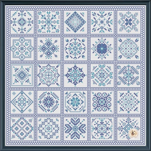 Blue Quaker Tile Sampler Cross Stitch Pattern – Geometric Folk Patchwork (digital PDF, Instant Download) - Etsy