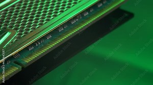 PC memory module with contact pins. Heat spreader transfer energy to heat sink or exchanger. Random Access Memory abbreviated as DDR SDRAM. Computer hardware, industrial and electronic concept