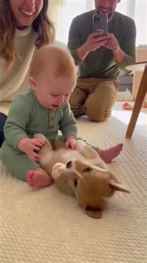 Tickle Time Fun#BabyAndPuppy #TickleBelly #AdorableBarks #CuteDuo #FamilyJoy #SlowMoCuteness