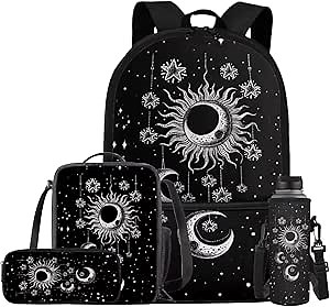Gothic Sun Moon Stars Backpack for Girls Kids Backpack with Lunch Box Water Bottle Holder and Soft Pencil Case 4PCS Set Bookbag with Front Pocket for School 17 inch Large Capacity School Bag