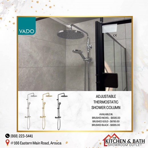 The Vado Velo Adjustable Round Thermostatic Shower Column is a simple shower kit that can be added to any bathroom. It features: 🔹 A brushed nickel, brushed gold & brushed black finish 🔹 An exposed thermostatic shower valve 🔹 An integrated diverter 🔹 A rigid riser 🔹 A single function shower head and shower handset The Vado shower columns are easy to install, very stylish and durable. The thermostatic valve mixes hot and cold water together to a consistent temperature, preventing scalding an