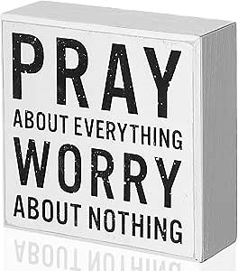 Jetec Christian Desk Decor Wooden Box Sign Pray About Everything Worry About Nothing Sign Bible Verses Wall Decoration Inspirational Scripture Wood Block Plaque for Home Office Gifts(White)