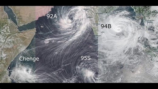 [ OCÉAN INDIEN, SAMEDI 25 OCTOBRE 2025 – 23h57 (UTC-10) ] 📡 4 vortex tropicaux en simultané : un océan Indien sous tension Ce soir, l’océan Indien s’embrase. Quatre systèmes cycloniques tournoient simultanément autour de l’équateur — deux au nord, deux au sud. Une scène spectaculaire, rare autrefois, mais devenue presque familière dans ce climat qui change. 🌀 Les systèmes en présence : • Chenge, résidu dépressionnaire, s’étire encore au large du Mozambique. • Invest 92A s’organise dans la mer 