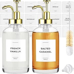 Coffee Syrup Dispenser with Pump - Includes 24 Flavor Labels - Glass Syrup Dispenser for Coffee Bar - Elevate your Beverage Station with 16.9 fl oz Flavoring Container Bottles, 2pcs, Gold