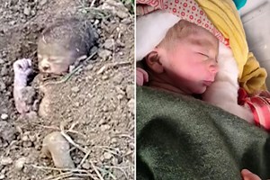 Incredible moment newborn baby rescued after being BURIED ALIVE on a farm