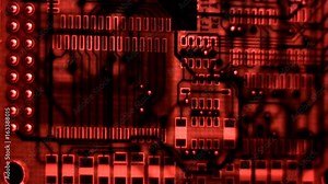 A single bare circuit board rotates on end from right to left with red back light revealing inner trace layers and component pads. Light shines through holes and vias
