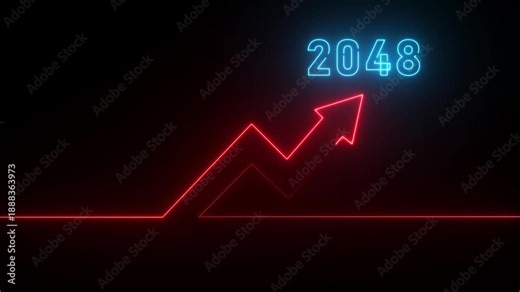 Neon graph with upward trend and year 2048 in blue light against black background chart line