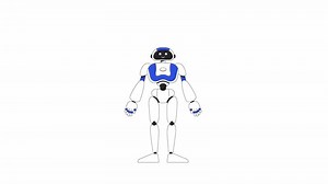 souriant robot en mouvement mains animation. robotique. plein corps Android isolé 2d dessin animé plat Couleur ligne personnage 4k vidéo métrage sur blanc Contexte avec alpha canal transparence pour la toile conception