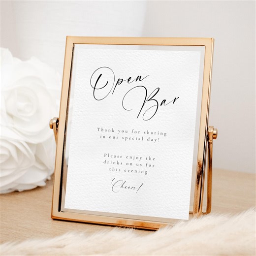 Open Bar Sign Editable Canva, Minimal Wedding Drink Menu Poster Printable Reception WED19 - Etsy