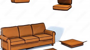 A cartoon-style illustration of a light brown sofa and ottomans, levitating, over a patterned floor covering