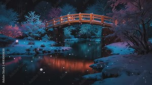 An enchanting scene of a Japanese bridge arching over a pond, highlighted by vibrant blue and pink colors, with cherry blossom trees in full bloom and their branches gently hanging over the water.