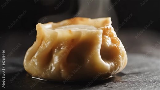 A single freshly cooked panfried dumpling also known as gyoza or potsticker steaming hot and ready to be enjoyed showcasing its goldenbrown crispy bottom and soft delicate wrapper against a dark mood.