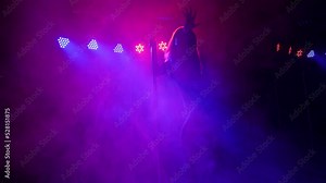 A woman with long hair in a transparent dress is dancing on a pole. Pole dance.