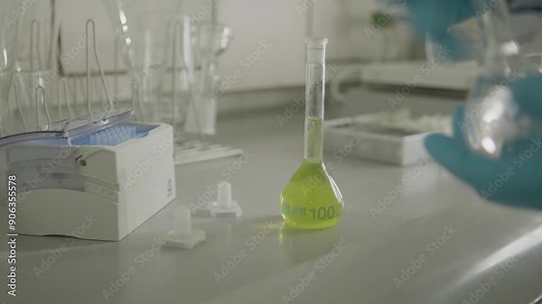 Lab equipment on a counter with beakers and a yellow liquid in a flask