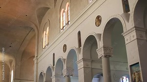 Interior view of a simple church interior in California