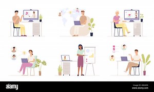 Team working remotely. Distance job, users in corporate cloud system, remote business management, online global outsourcing vector set Stock Vector Image & Art - Alamy