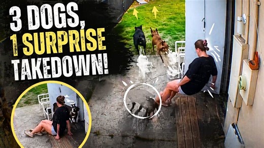 Girl falls at the door when three dogs rush past