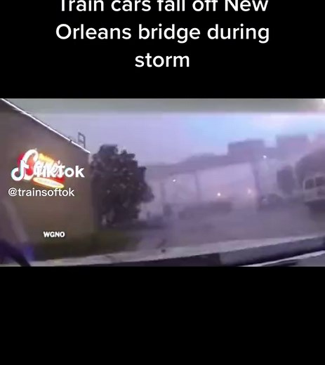 Train cars fall off bridge in new orleans in 2015. Credit: WGNO #neworleans #train #storm #blownaway #bridge #wind #fyp #viral #trainsoftiktok #cars #traincars