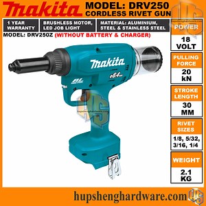 Makita DRV250Z: Cordless Rivet Gun, 18V, Pulling 20kN, Stroke 30mm