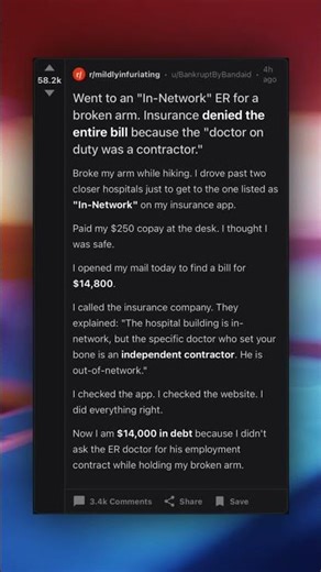 Went to an "In-Network" ER for a broken arm. Insurance denied the entire bill because the "doctor