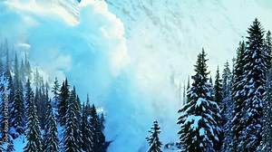 Powerful snow avalanche moving down mountain slop with huge splashes of snow and causing destruction and death.