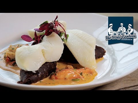 Steamed Greenland halibut with black pudding mash and rich snow crab bisque recipe