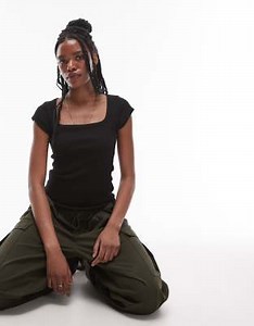 Topshop square neck rib cap sleeve tee in black | ASOS