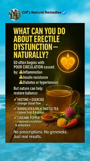 What Can You Do About Erectile Dysfunction — Naturally? Most men think ED starts below the belt — but it actually begins in your blood vessels. Poor circulation from inflammation, insulin resistance, diabetes, or hypertension is often the root cause. Nature offers real solutions that work from the inside out: ✔️ Fasting Exercise — restore healthy blood flow ✔️ Dandelion & Milk Thistle Tea — detox liver and kidneys ✔️ Cayenne Pepper — clears arteries and boosts performance These simple habits imp