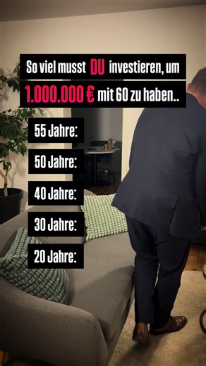 Tom Stein | Mehr Geld statt Sorgen on Instagram: "👉 Folge @toms.finanzen für ehrliches und verständliches Finanzwissen 📊 1.000.000 € mit 60 Jahren. Gleiches Ziel, komplett unterschiedliche Monatsbeträge. Der Unterschied liegt nicht in Glück oder Talent, sondern in Zeit ⏳ Je früher du anfängst, desto entspannter wird die monatliche Sparrate. Je später du startest, desto höher wird der Druck. Die Berechnung im Video basiert auf • ca. 8 % durchschnittlicher Rendite pro Jahr 📈 • langfristigem Inv