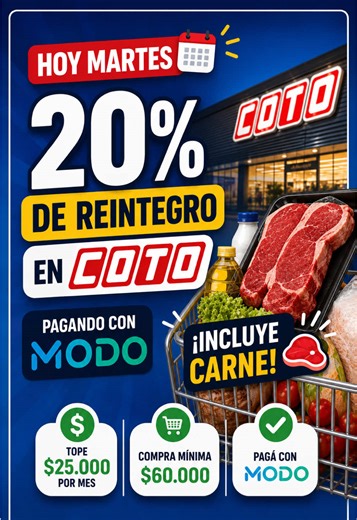 🚨 Hoy martes hay una de las mejores promos para supermercado 👀 🛒 20% de reintegro en Coto pagando con Modo 💰 Tope: $25.000 por mes 📌 Compra mínima: $60.000 Y atención porque es de las pocas promos que TODAVÍA incluyen carne 🥩🔥 Además, la carne de Coto es de muy buena calidad, así que puede valer mucho la pena aprovecharla. 👉 ¿La conocías? ¿Qué corte comprarías hoy? #Modo #Coto #PromosArgentina #Reintegro #Martes