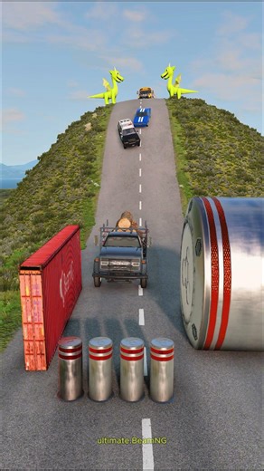 Ambulance & School Bus vs Cars vs Wall Bollards Crush #beamngdrive #shorts