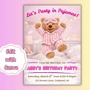 Sleepover Birthday Party Invite | Teddy Bear Party Invite | Girls Slumber Party Invitation | Editable Canva Invitation - Etsy Canada