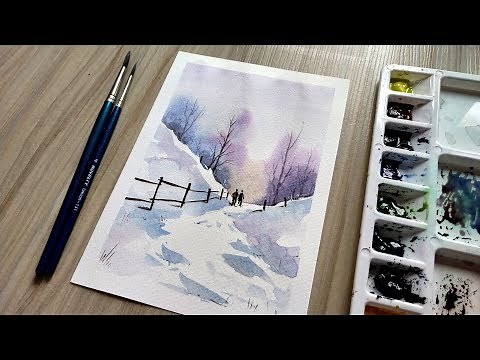 How to Paint A Snowy Winter Landscape | easy watercolor painting for beginners