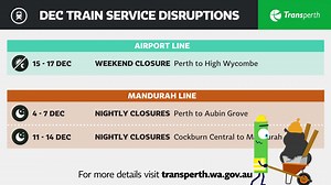 TRAIN SERVICE CHANGES | There are a handful of scheduled train service disruptions to be aware of in December, with weekend closures scheduled on the Joondalup, Midland, and Airport lines and nightly closures on Joondalup and Mandurah. Be aware the Armadale/Thornlie Line is now shut until mid-2025 🚧 🚉 Claisebrook and McIver Stations may also experience additional disruptions due to events at Optus Stadium. Visit the Disruptions Calendar on our website for more information: https://www.transper