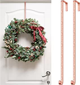 Fovths Christmas Metal Wreath Hanger 14.5 Inches Wreath Hook with Holly Embossed Design Over The Door Metal Wreath Hook Heavy Duty Wreath Hanger for Front Door Christmas Decorations (Rose Gold, 2)