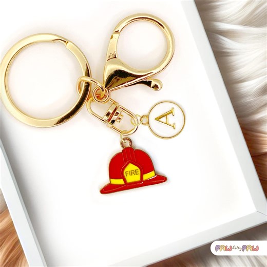 Firefighter Helmet Keychain: Red Enamel Charm, Custom Initial Option-k-a136-1 - Etsy