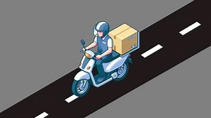 Download Cartoon Delivery Courier on Motorcycle Delivering Package for free