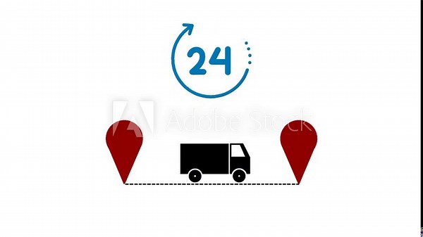 Same day delivery icon with moving truck between location symbol and looping 24 hour circle representing continuous service