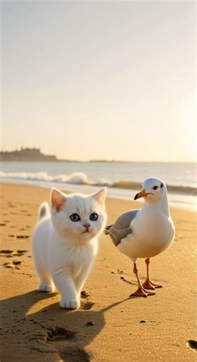 Adorable Kitten and Seagull Sunset Walk – Pure Serenity
