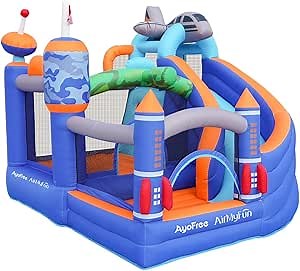 AirMyFun Inflatable Bounce House, Obstacles Bouncer & Slide with Air Blower (The Rocket Theme)
