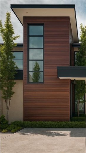 Modern Minimalist House Facade | Wood Cladding + Stone | Tall Vertical Windows & Sleek Canopy