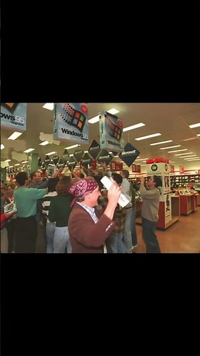 Windows 95 Launch Madness: Fans Go Wild in Epic 1995 Store Rush! 📀🖥️ | X AI