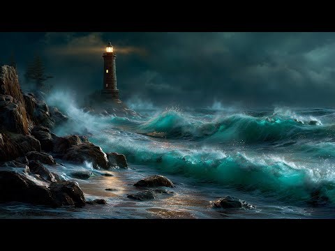 Lighthouse in the Storm – 1 Hour Cinematic Night Sea Ambience (Moody, Waves, Atmospheric)