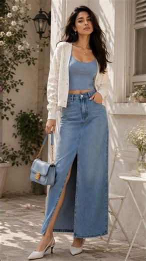 : ✨ Trendy Light Blue Denim Maxi Skirt Outfit Ideas 💙 #Shorts #softgirloutfits
